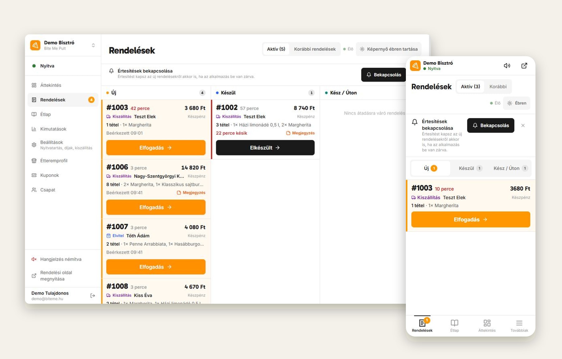 New, preparing and ready orders in three columns, on a desktop in the kitchen and as an installed app on a phone. A new order rings until somebody accepts it, the screen can be held awake through service, and a late ticket flags itself.