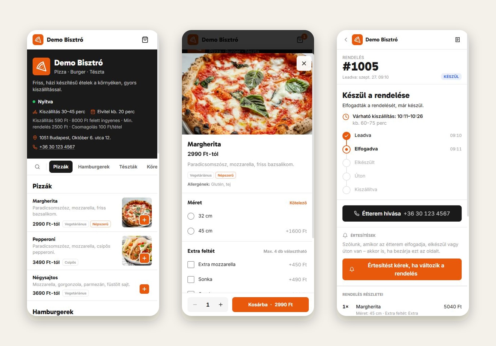 The menu, an item with its option groups, and the live tracking page. Options carry price deltas and min/max rules, so a 45 cm Margherita with extra mozzarella prices itself correctly without the client ever computing a total.